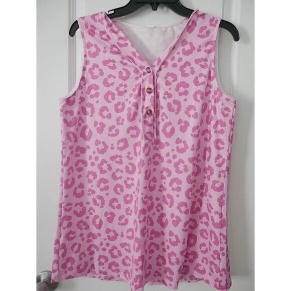 Pink Leopard Button-Front Tank Top L - Picture 2 of 7